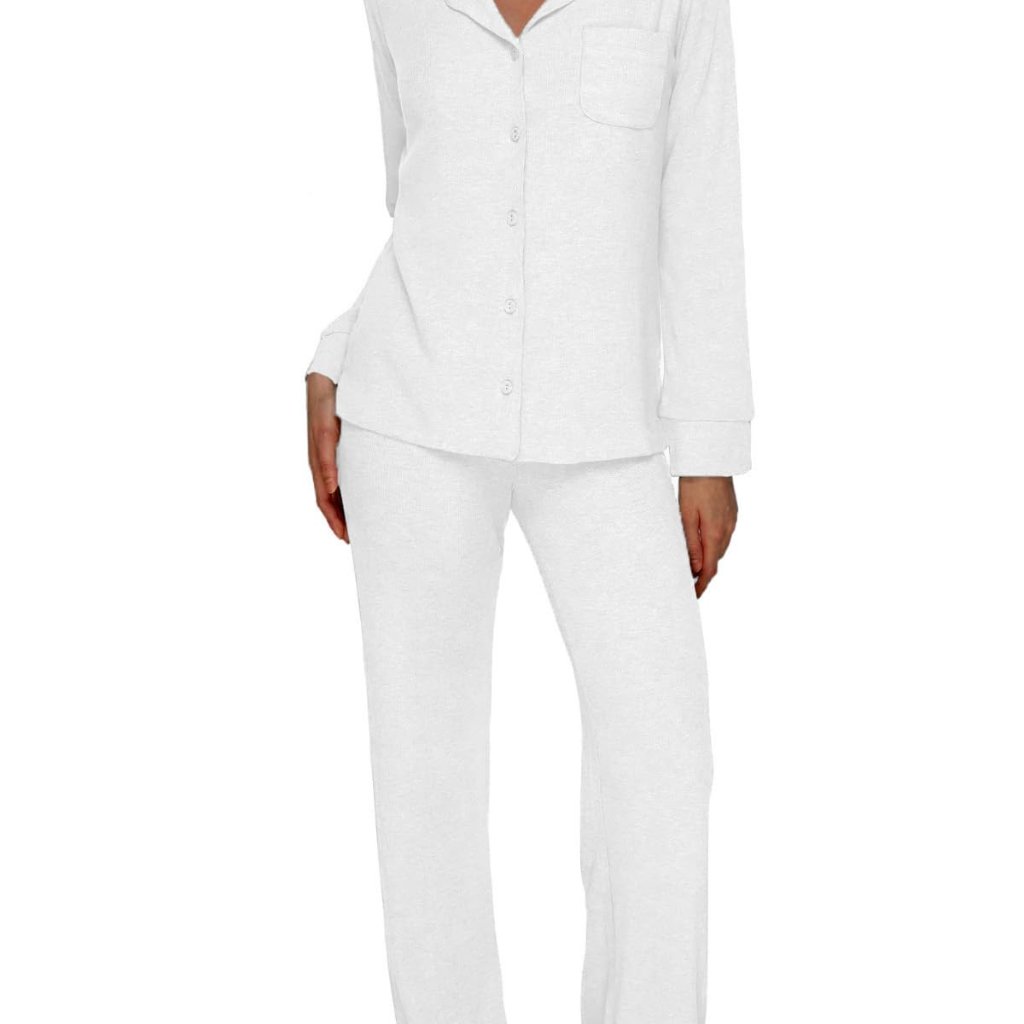 Long Sleeve Button Down Ribbed Knit Pajama Set Soft Modal Sleepwear Loungewear